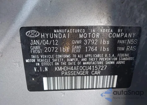 2012 Hyundai Elantra Gls (Ulsan Plant) из США, поврежденный, VIN KMHDH4AE0CU415727